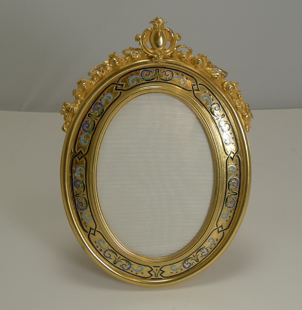 fine antique french gilded bronze and champleve enamel photograph frame c1890