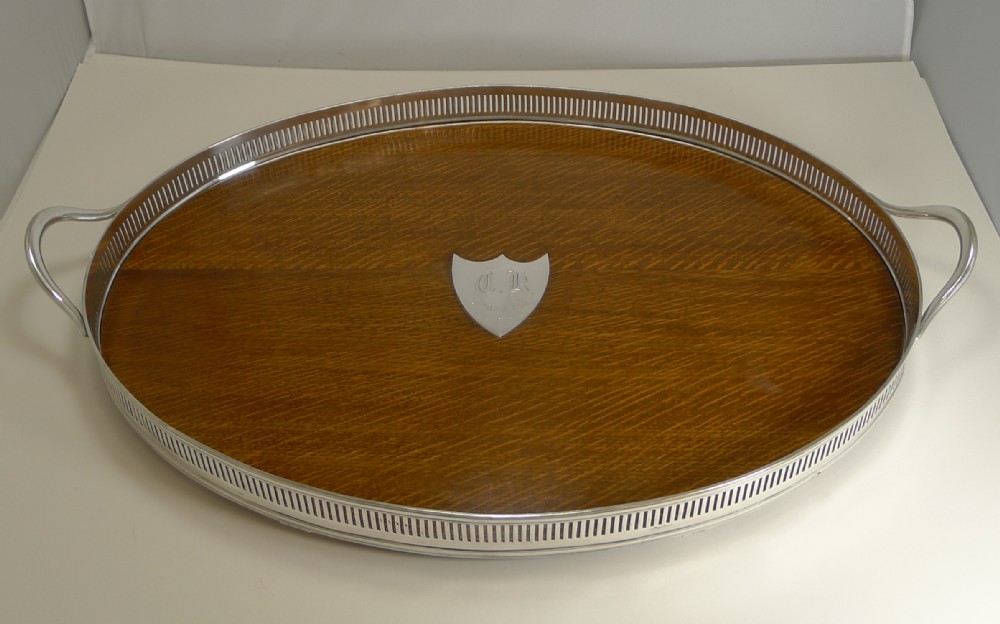 large antique english oak silver plate cocktail serving tray by john grinsell
