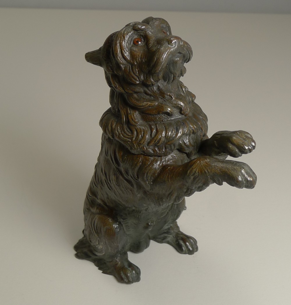 antique english bronze figural inkwell begging dog with glass eyes c1890