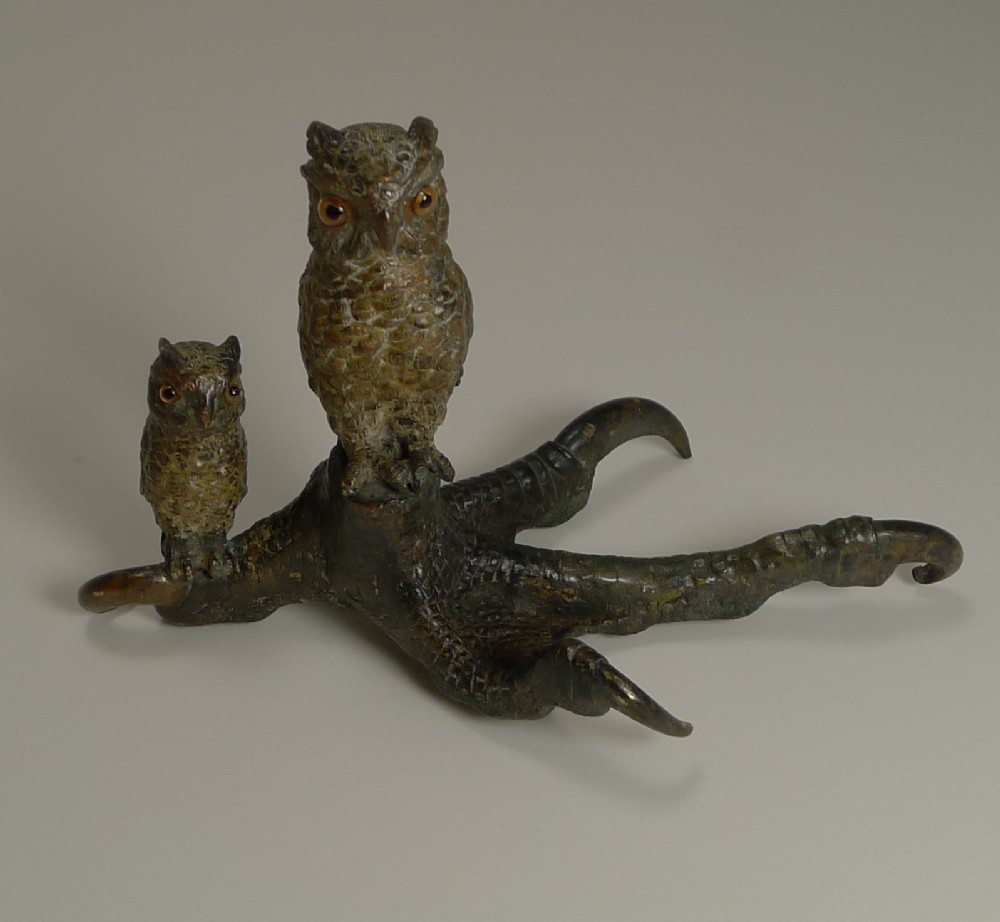 antique vienna bronze owls c1900 glass eyes