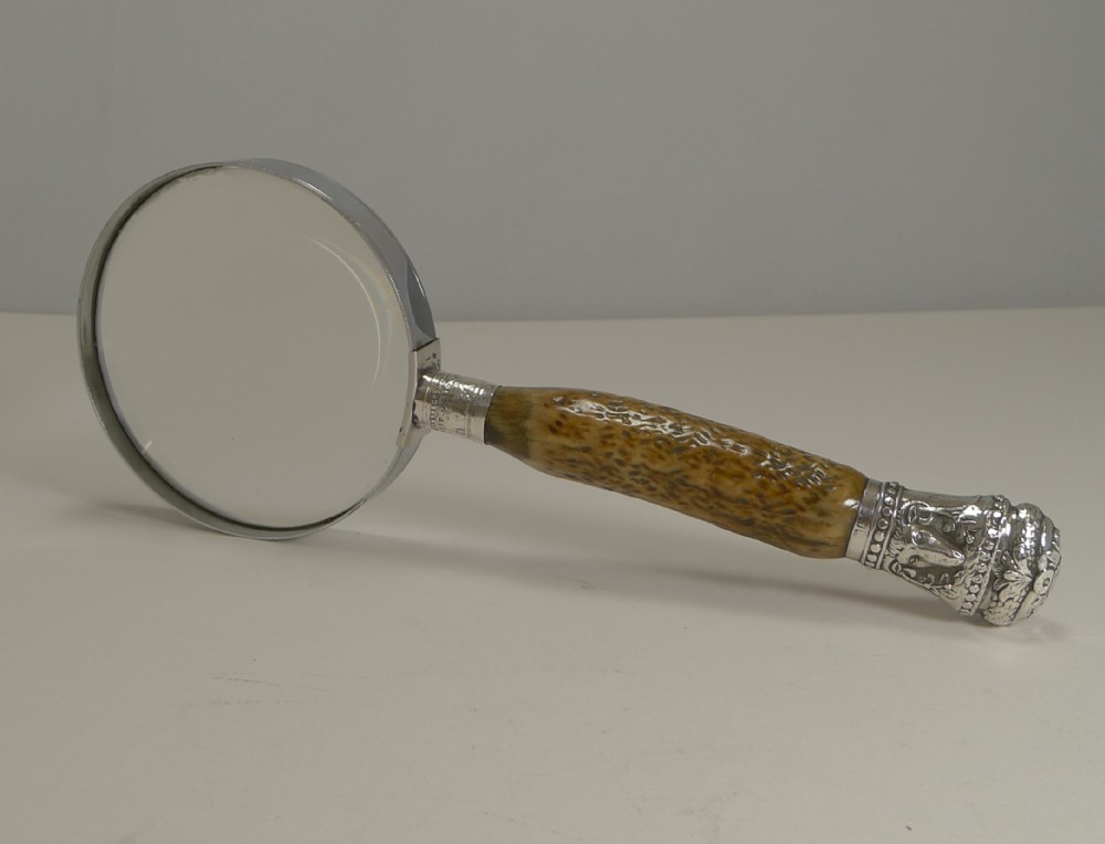 antique english antler horn sterling silver handled magnifying glass