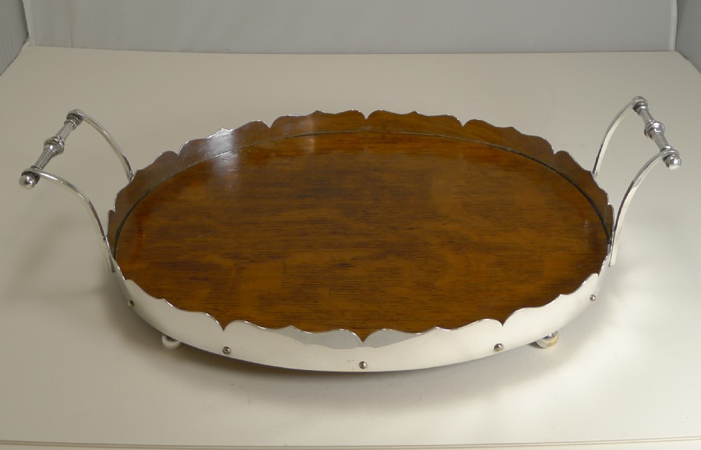 antique english oak and silver plated tray c1900