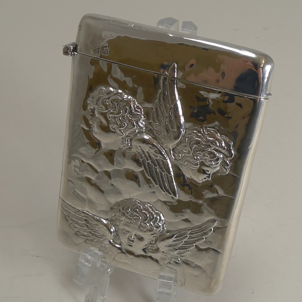 antique english sterling silver card case angels 1898