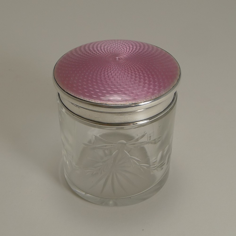 english sterling silver and pink guilloche enamel lidded jar 1927