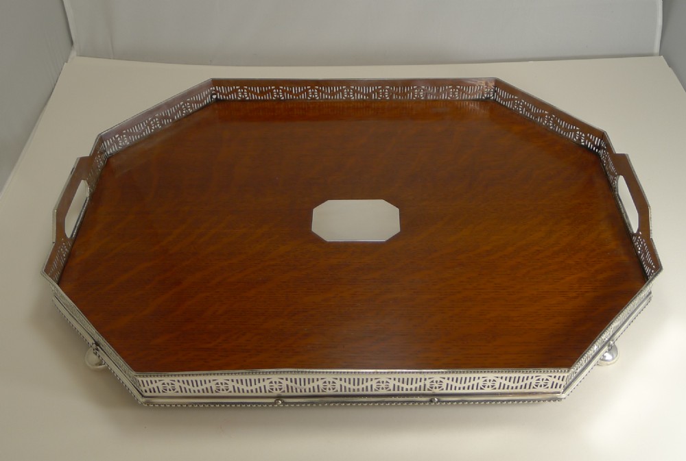 superb antique english silver plate and oak galleried cocktail serving tray c1900