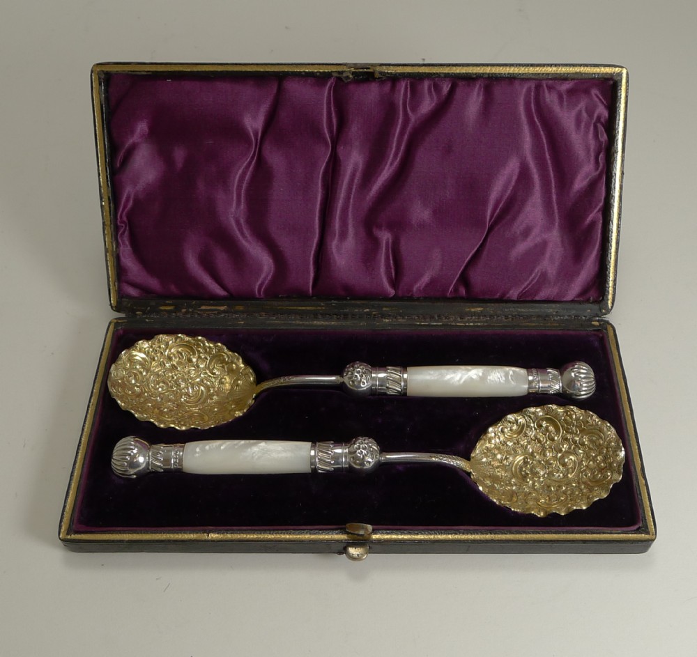 exquisite cased pair antique english serving spoons reg for 1885