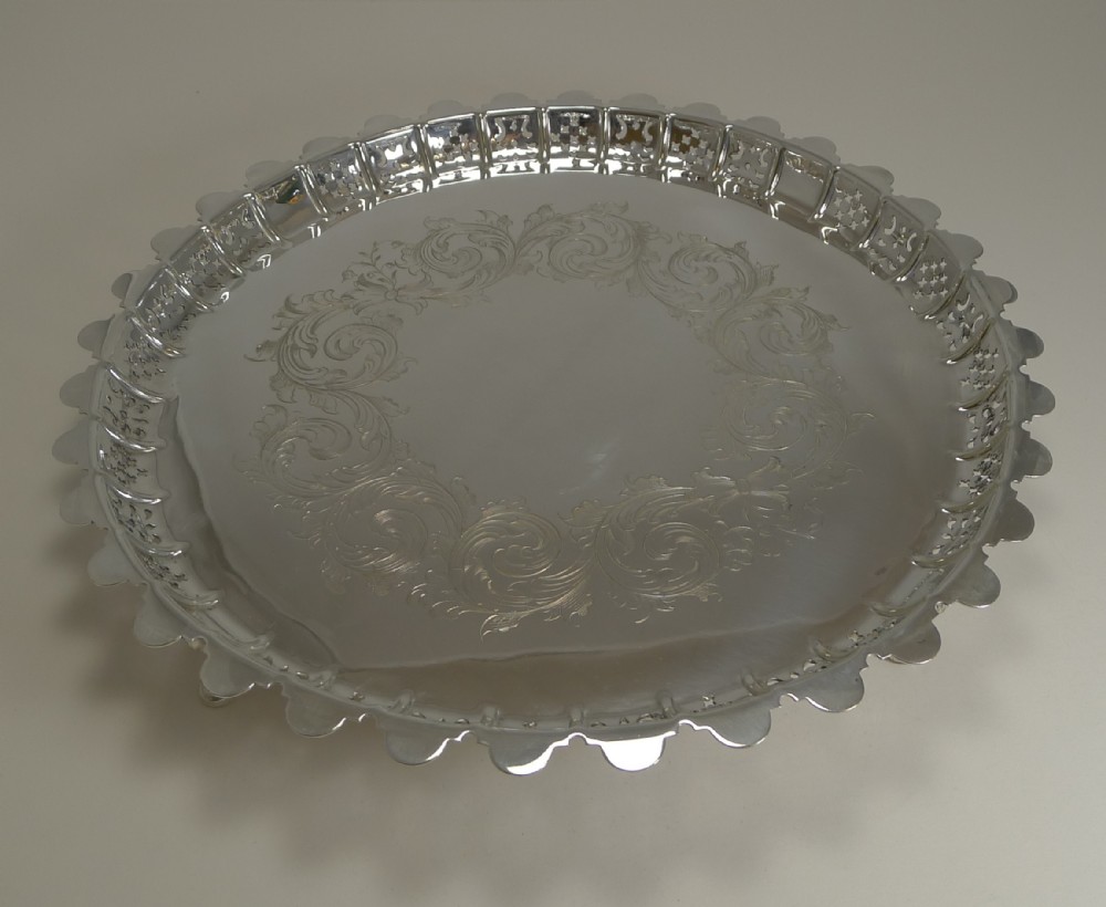 large antique english silver plated circular salver tray 1855