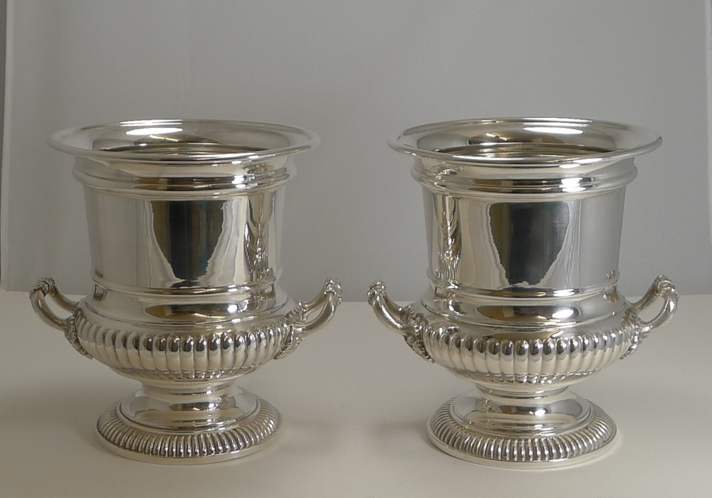 handsome large pair antique silver plated wine coolers c1910
