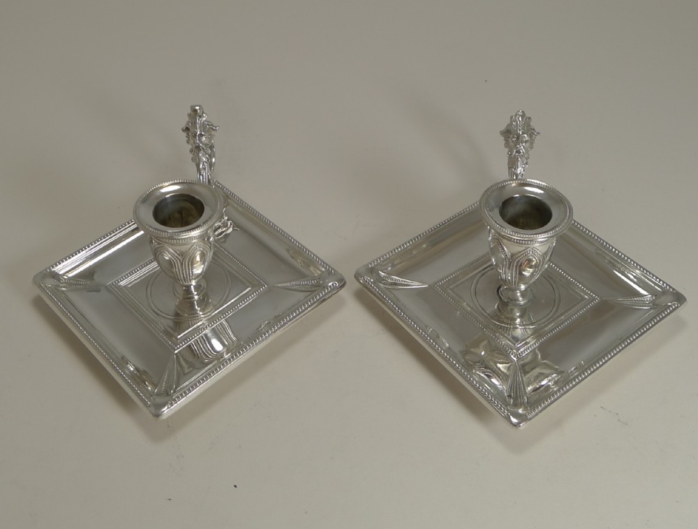 unusual pair antique english silver plate chamber sticks by james dixon and sons