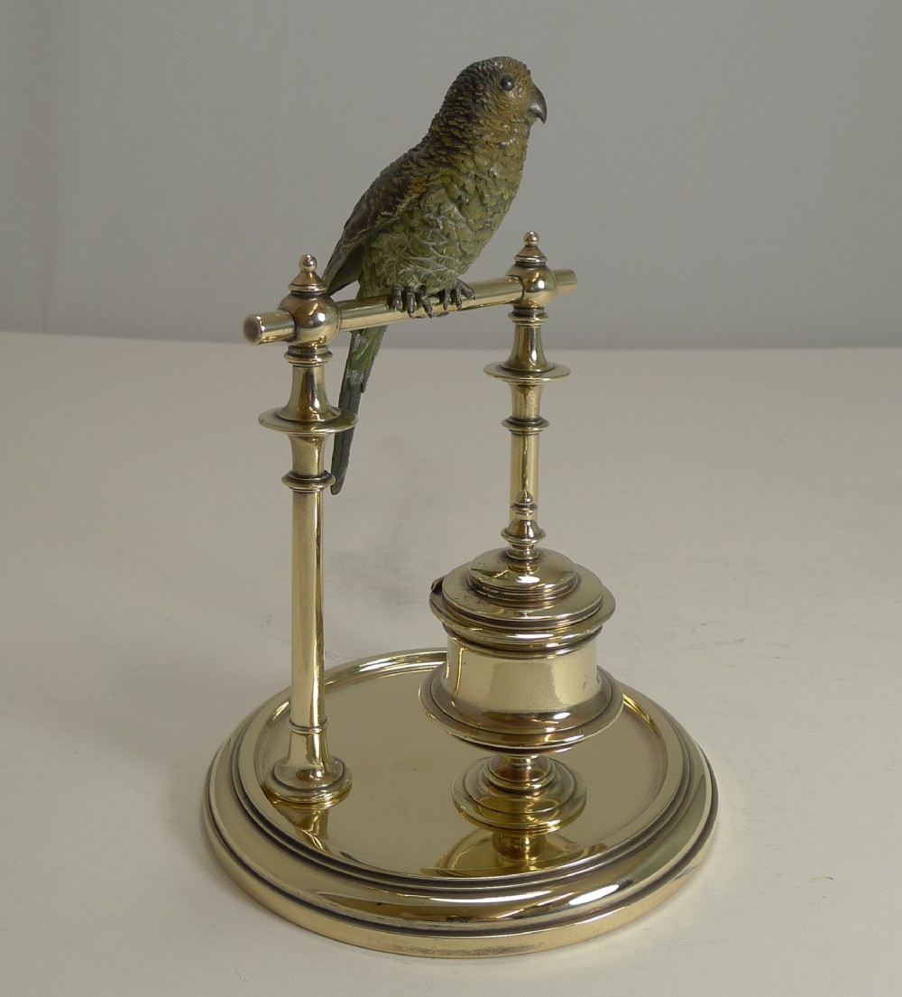 antique novelty cold painted bronze budgerigar inkwell