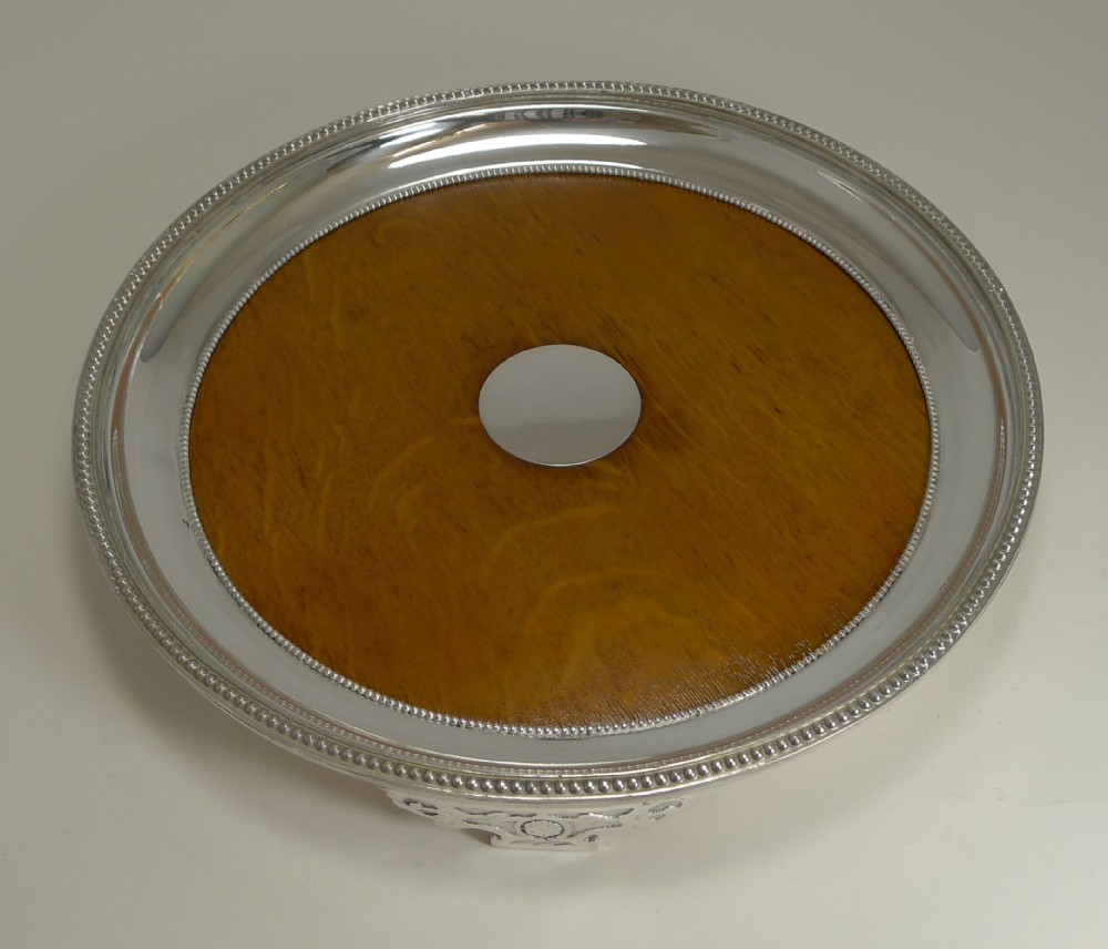 antique english circular silver plate and oak serving tray registered 1871