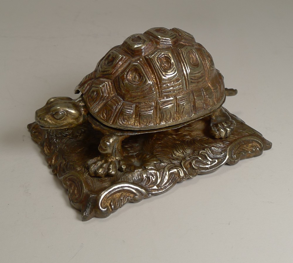 rare antique english gilded novelty figural inkwell c1880 tortoise or turtle