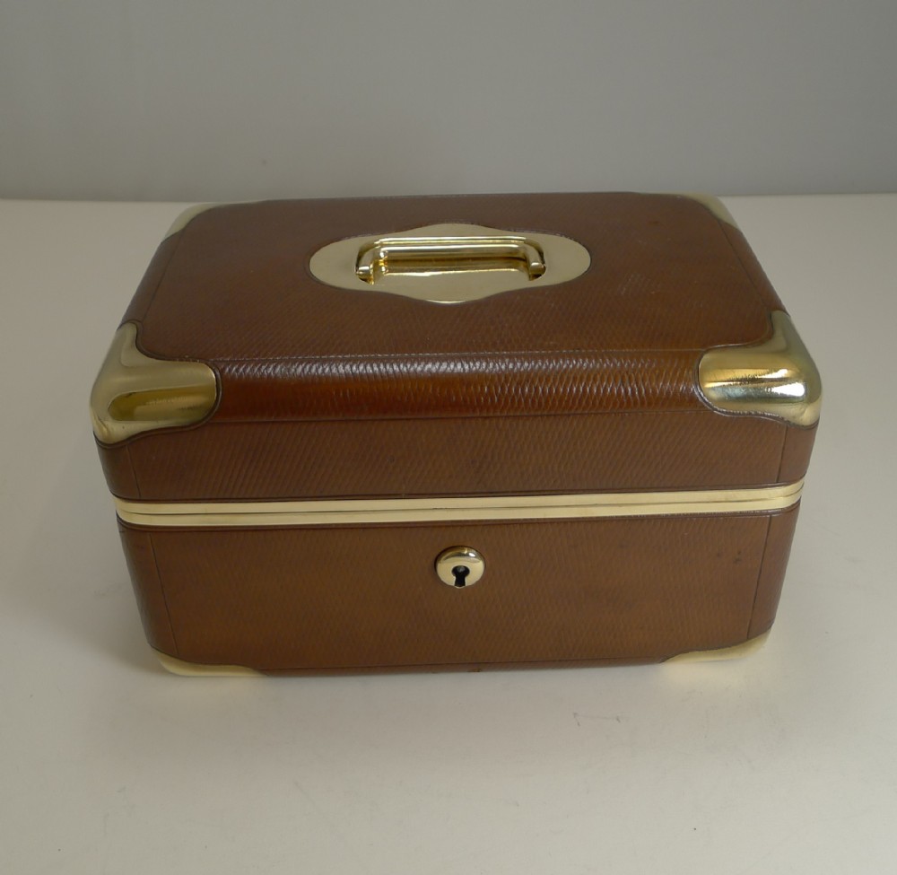 fine antique french leather and brass jewellery box c1890 signed mg paris