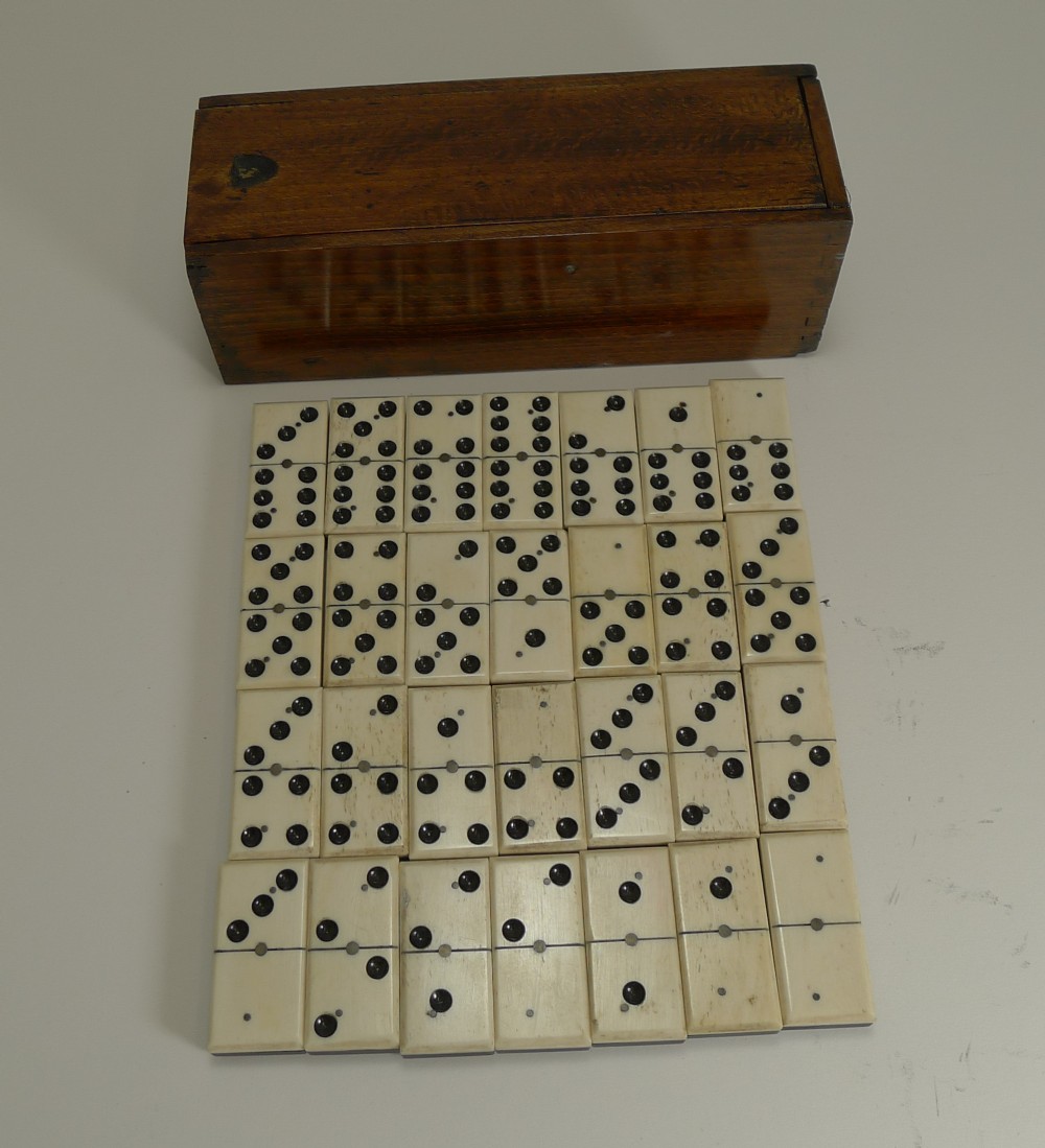 antique english boxed set bone ebony wood dominoes c1900