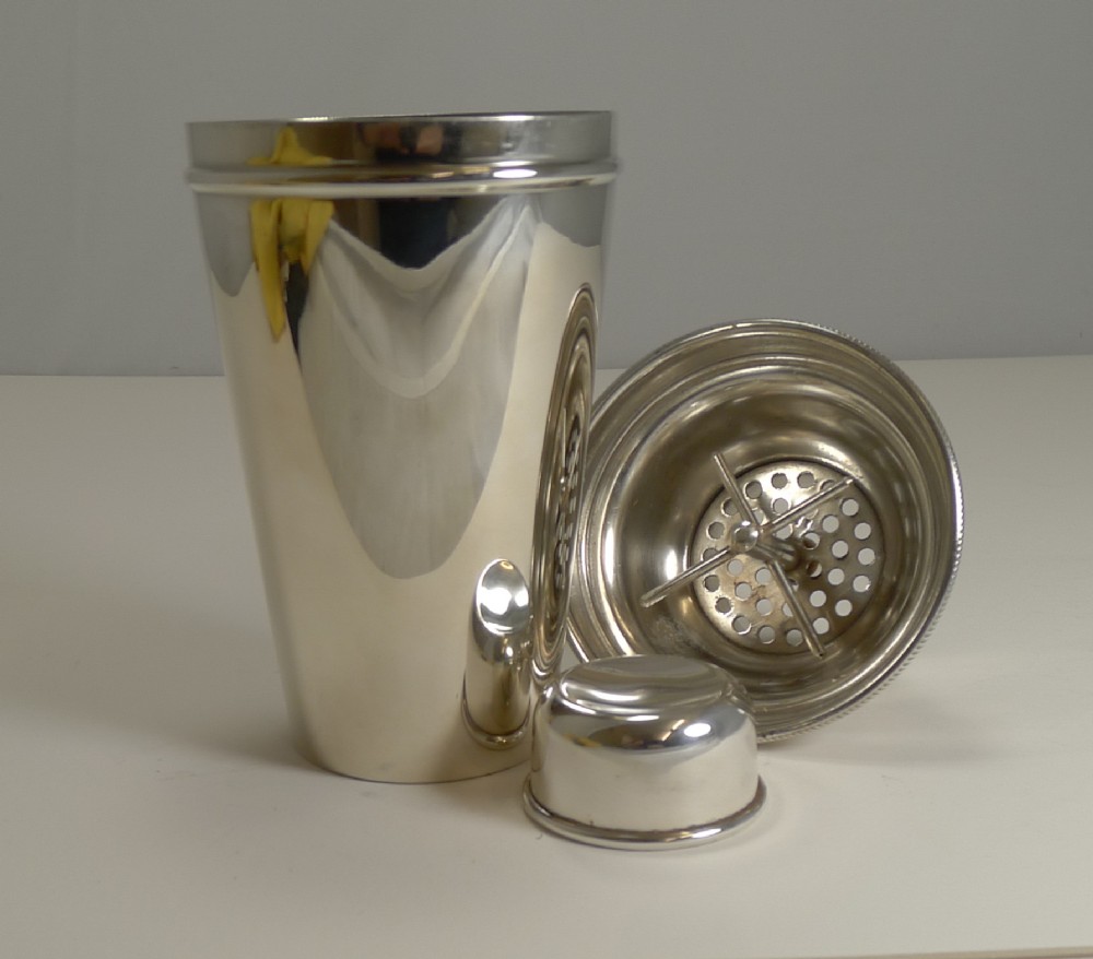 vintage english art deco silver plated cocktail shaker with integral ice breaker c1930