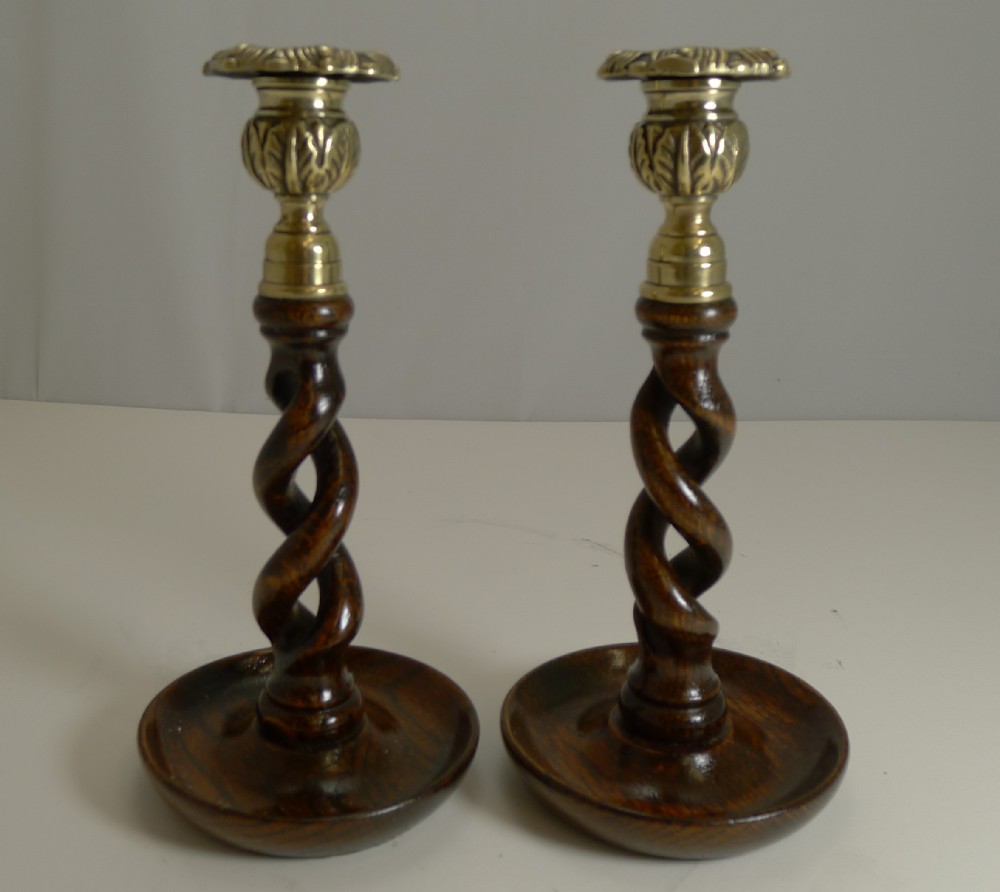 pair 9 antique english oak barley twist candlesticks brass thistle tops