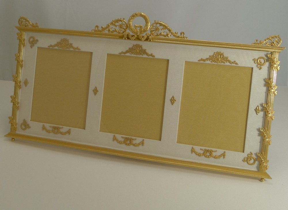 grand antique french gilded bronze triple photograph picture frame c1900