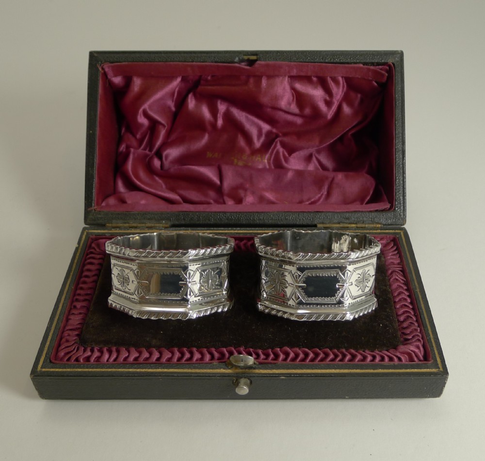 quality pair antique english sterling silver napkin rings by walker and hall