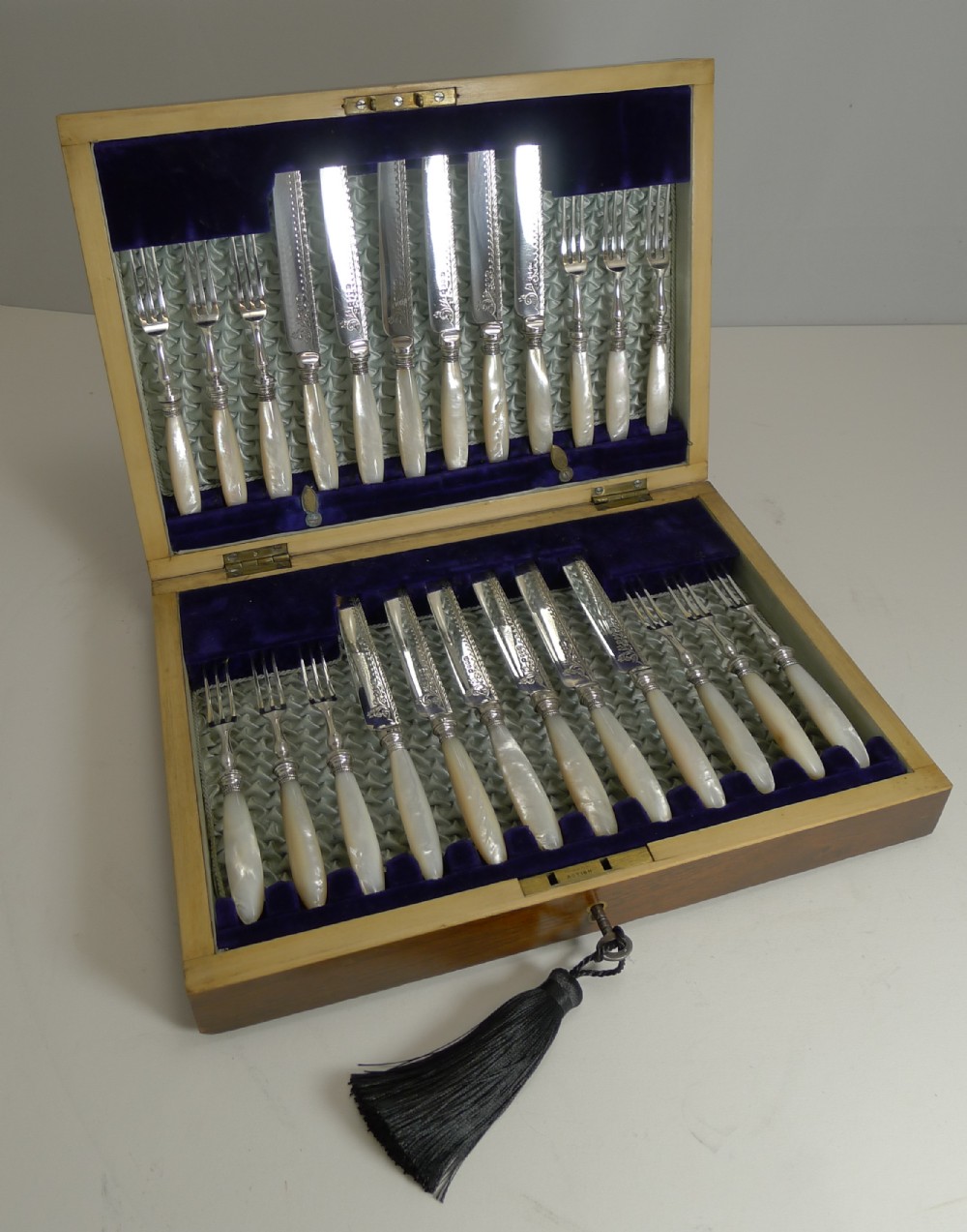 magnificent set 12 fruit knives and forks mother of pearl silver plate c1890 by james deakin