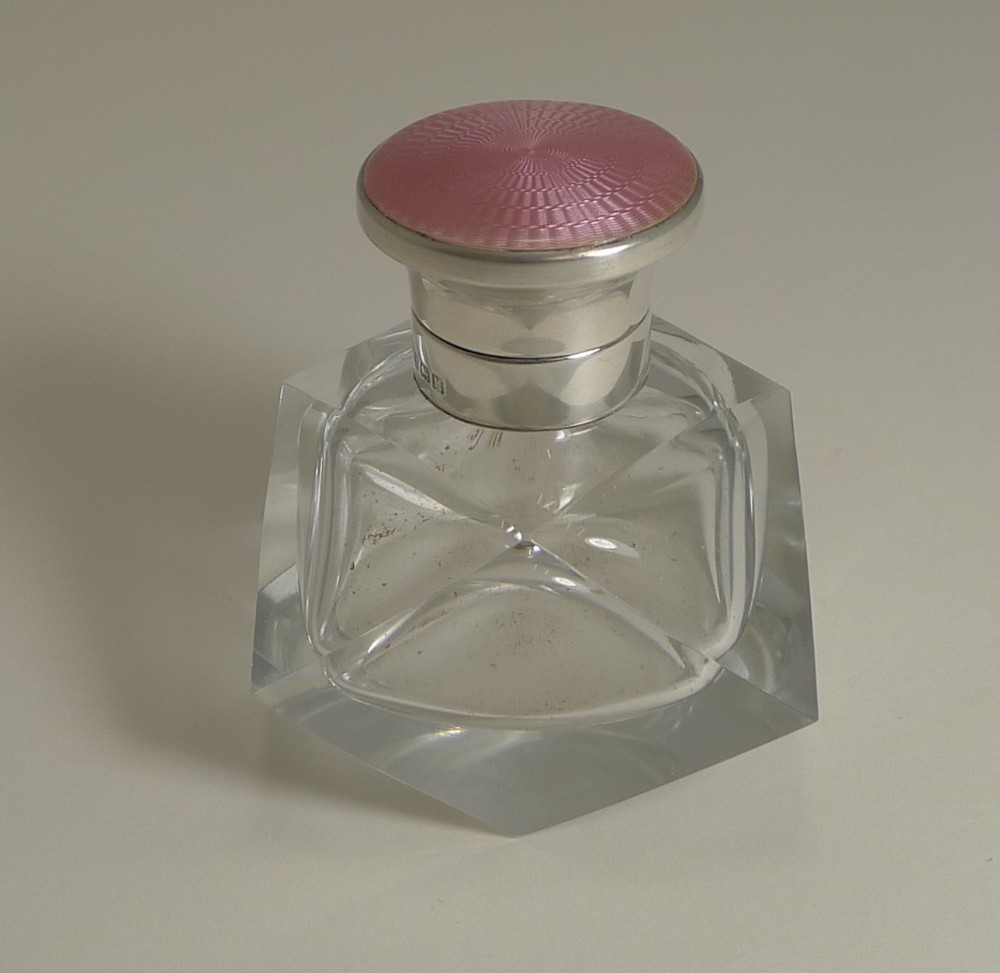 art deco crystal and sterling silver perfume bottle pink guilloche enamel