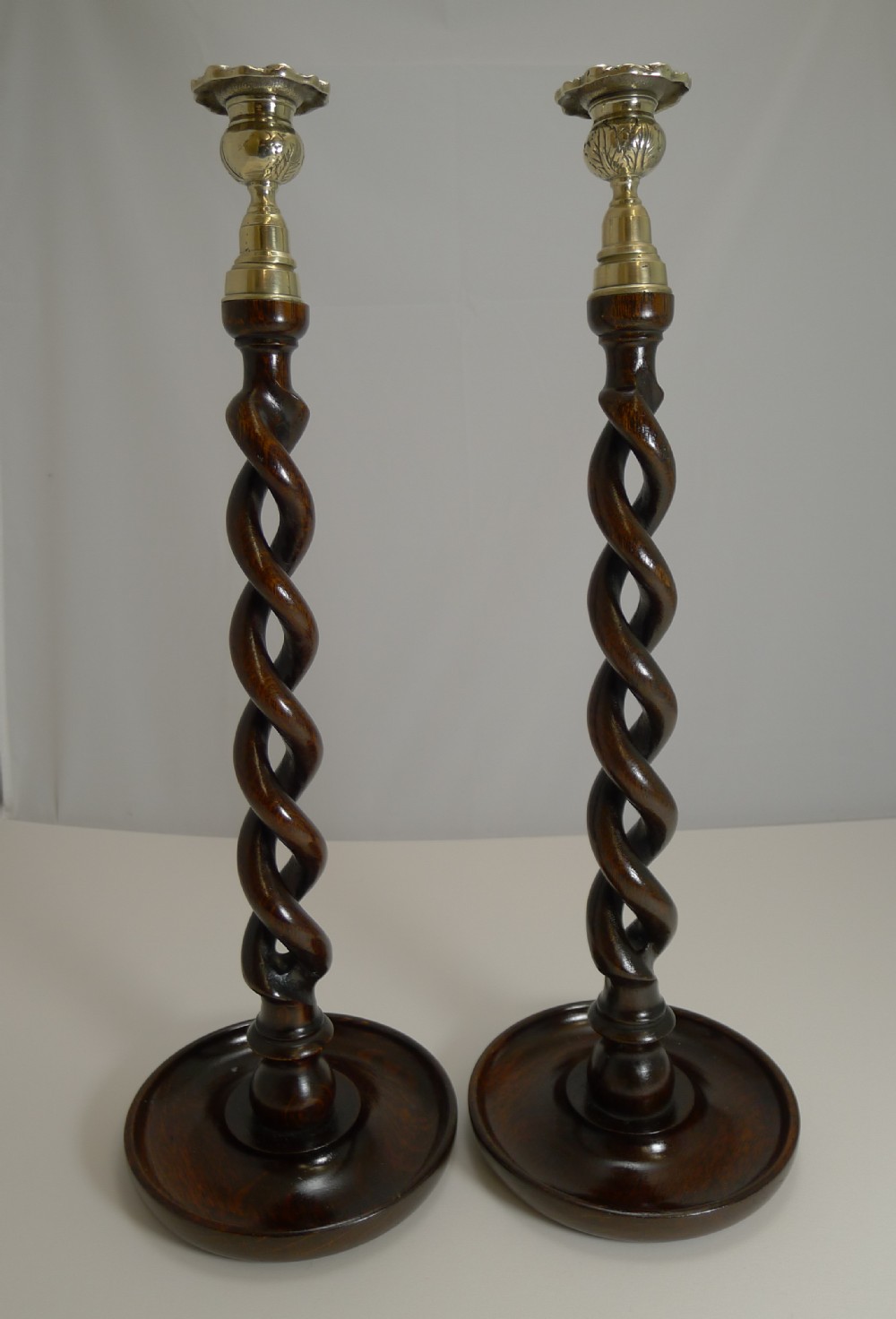 towering pair 18 solid oak open barley twist candlesticks c1900