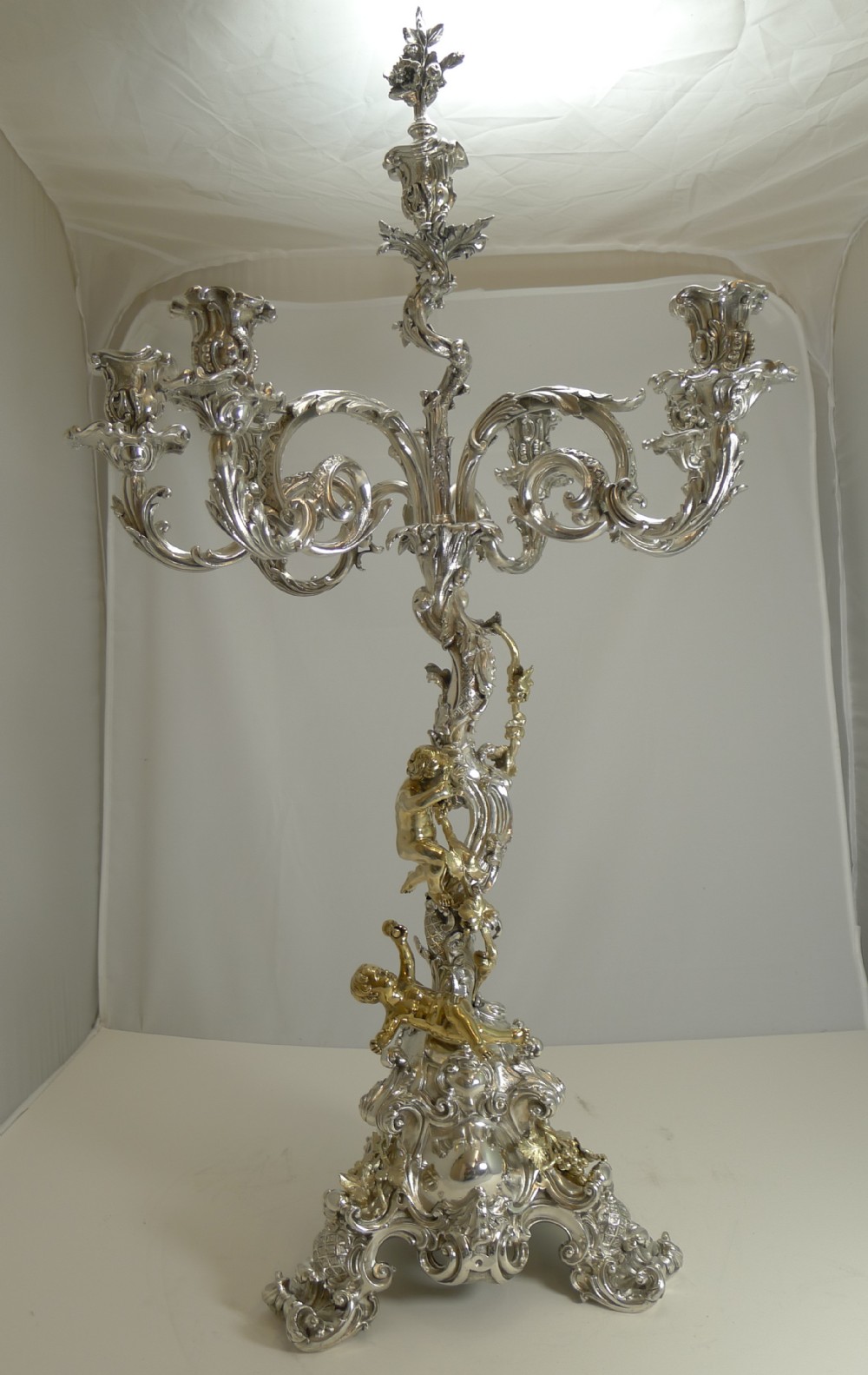 important six light silver plated candelabra centrepiece by elkington 1868 cherubs