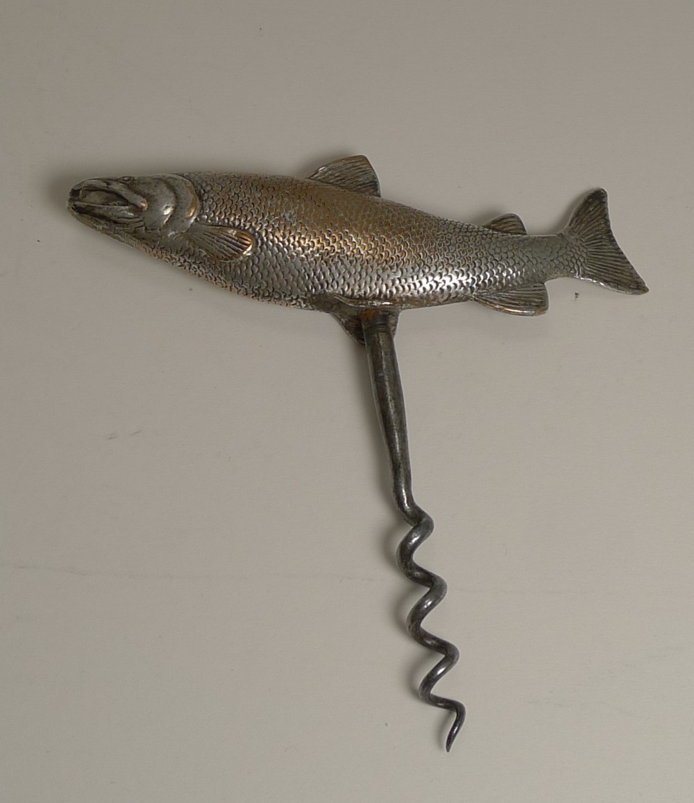 silvered bronze figural corkscrew c1900 fish salmon