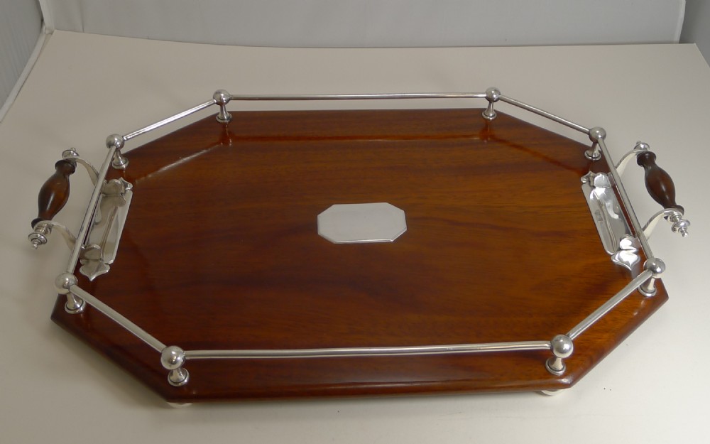 antique english mahogany and silver plate drinks cocktail tray c1900