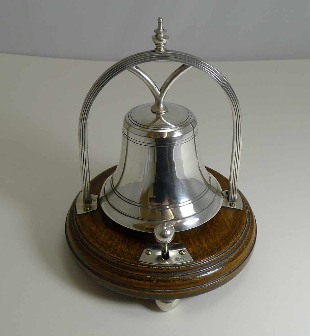 antique english oak and silver plate mechanical desk bell c1890