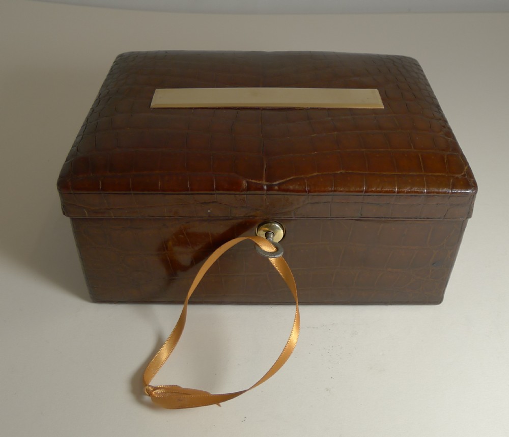 smart antique english crocodile skin jewellery box c1910 by john pound london