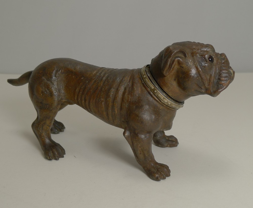 antique austrian painted metal table lighter figural dog bulldog c1910