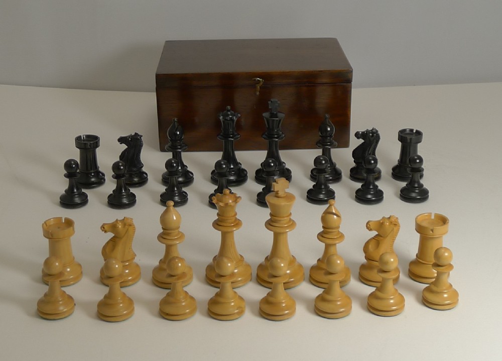 antique english boxwood chess set with storage box c1910