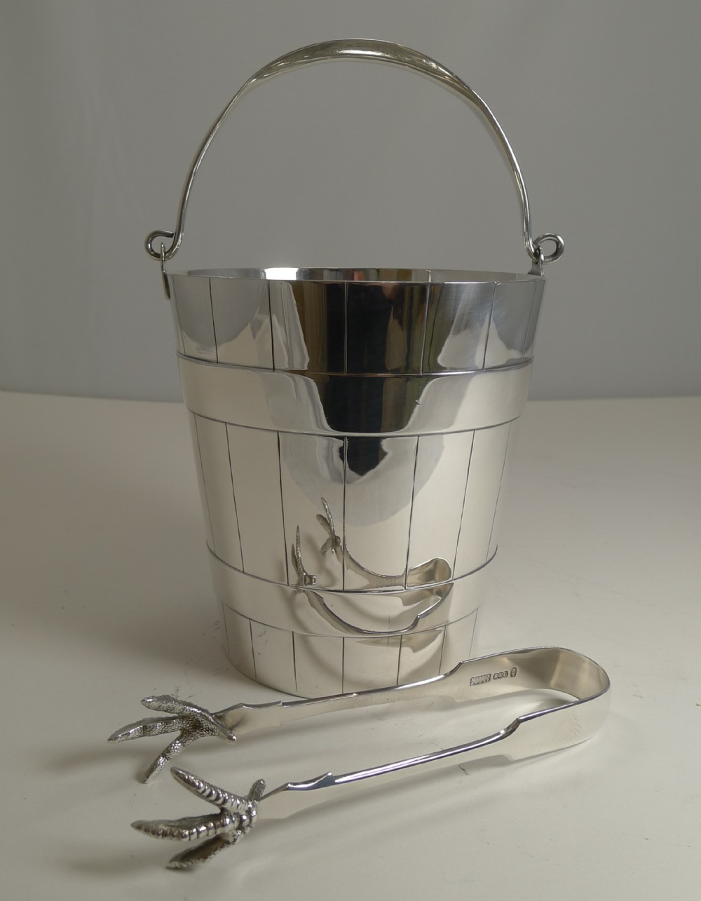 antique english silver plated ice bucket pail and tongs c1900