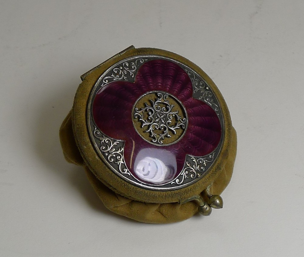 charming antique english coin purse stunning purple guilloche enamel