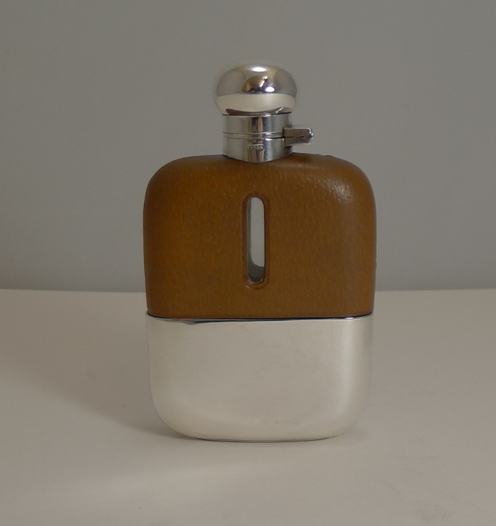 antique english leather and silver plated liquor spirit hip flask c1910