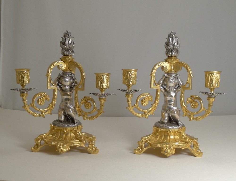 pair magnificent french bronze three branch candlesticks candelabra cherubs c1870