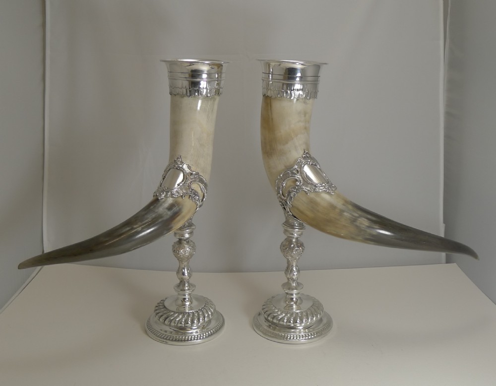 outstanding large pair horn and silver plate cornucopia c1900
