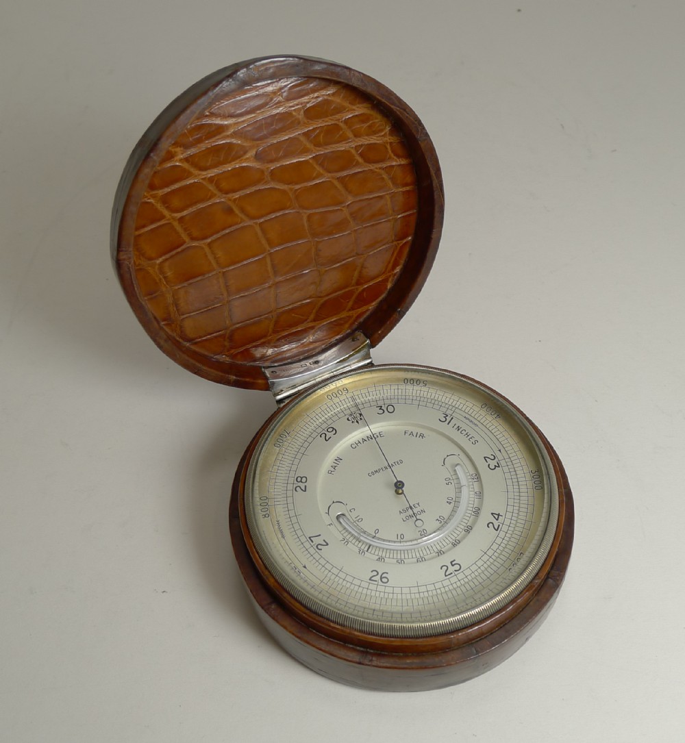 rare antique asprey crocodile cased desk thermometer barometer c1910