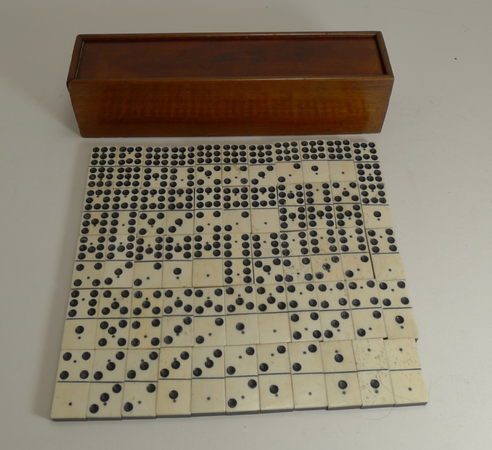 antique english boxed set bone ebony wood double nines dominoes c1900