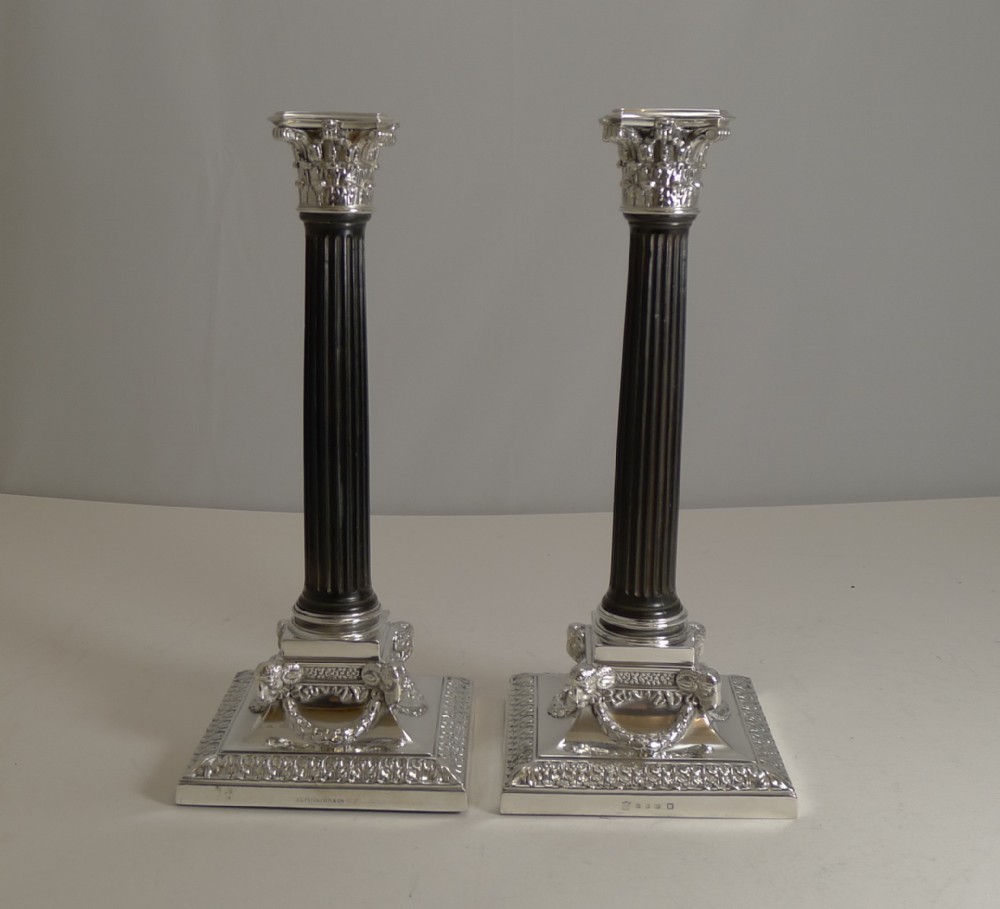 fine rare pair antique english silver plate and carved ebony candlesticks 1882