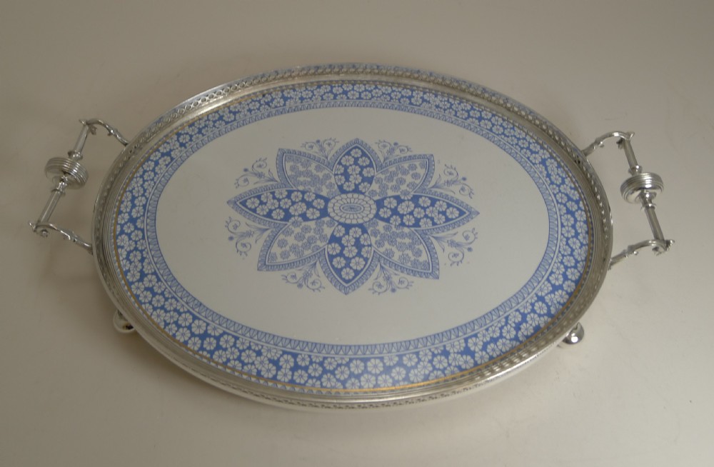 antique english silver plate and ceramic blue and white serving tray c1880