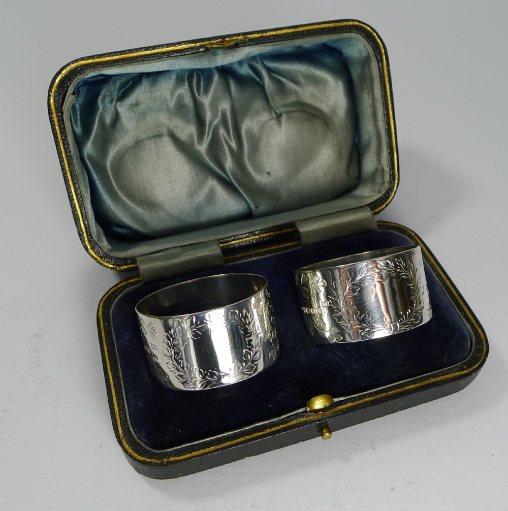 pair boxed victorian sterling silver napkin rings 1889