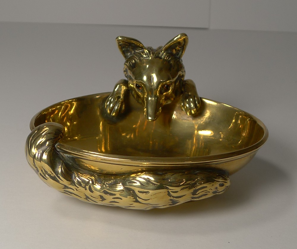 antique english brass vide poche dish fox with glass eyes c1890