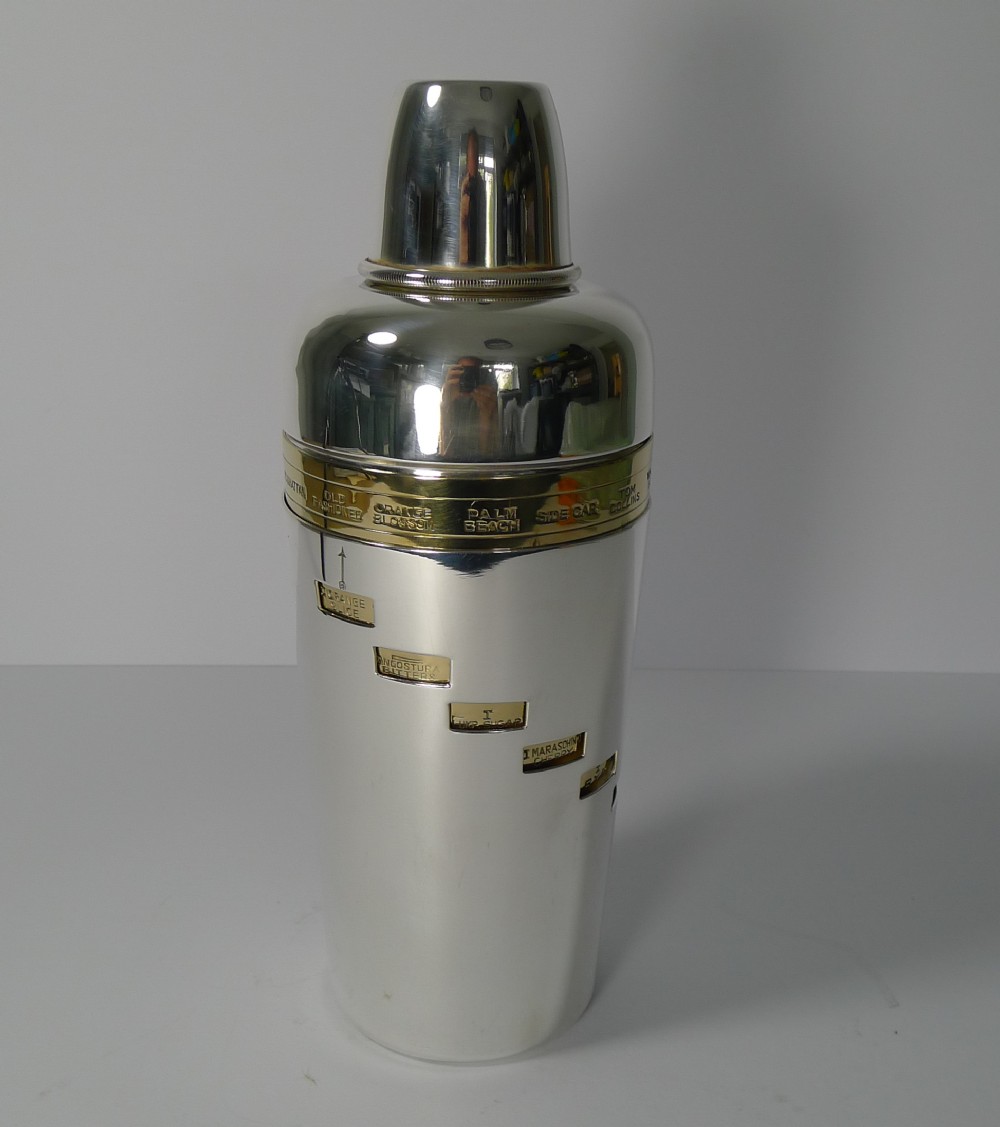 italian art deco silver and gold plated menu recipe cocktail shaker