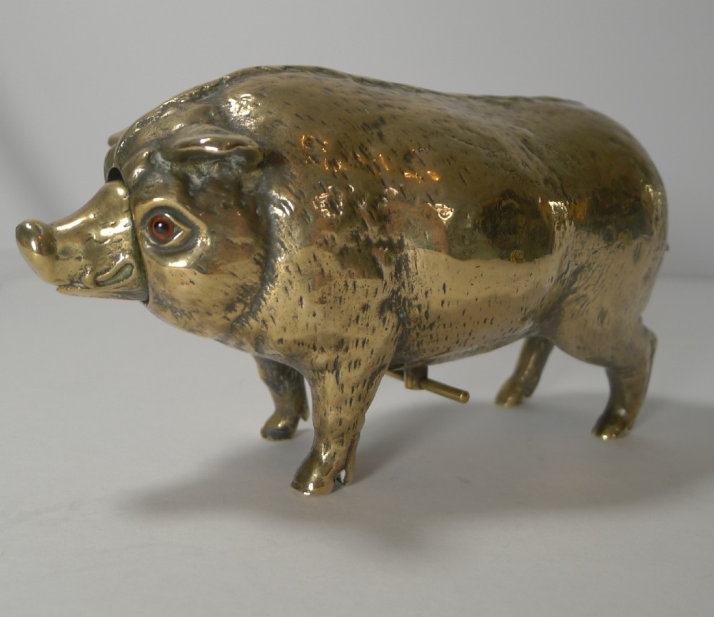 rare antique cast brass polished bronze novelty mechanical desk bell pig c1890