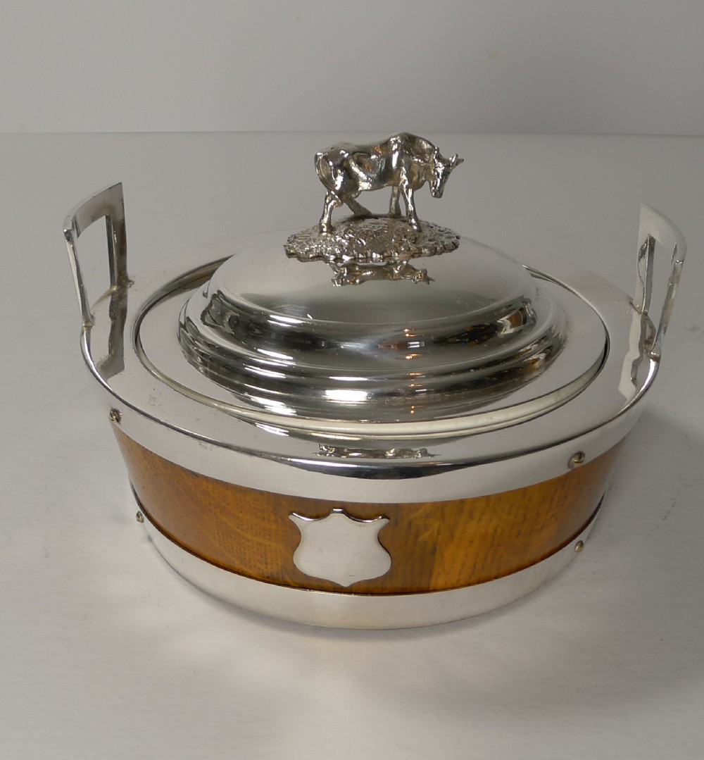 excellent oak and silver plate cow butter dish c1890