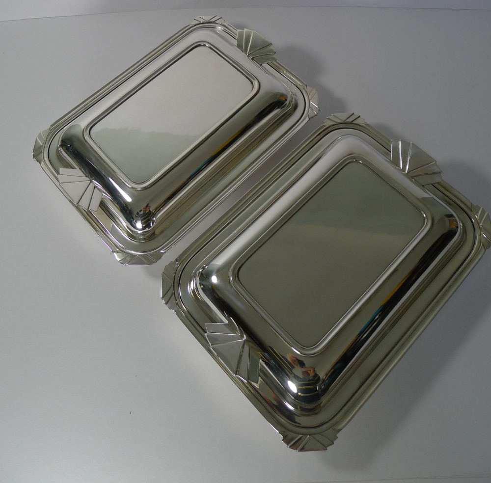 pair stylish art deco silver plated entree serving dishes c1930