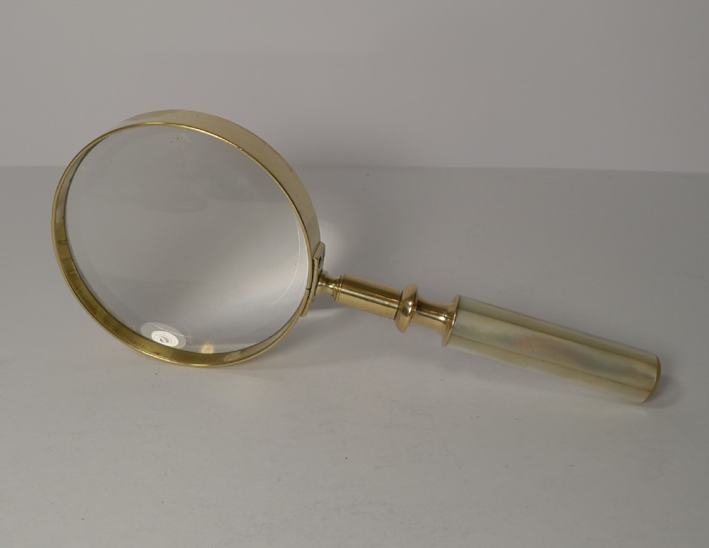 fine quality antique english brass and mother of pearl magnifying glass c1890