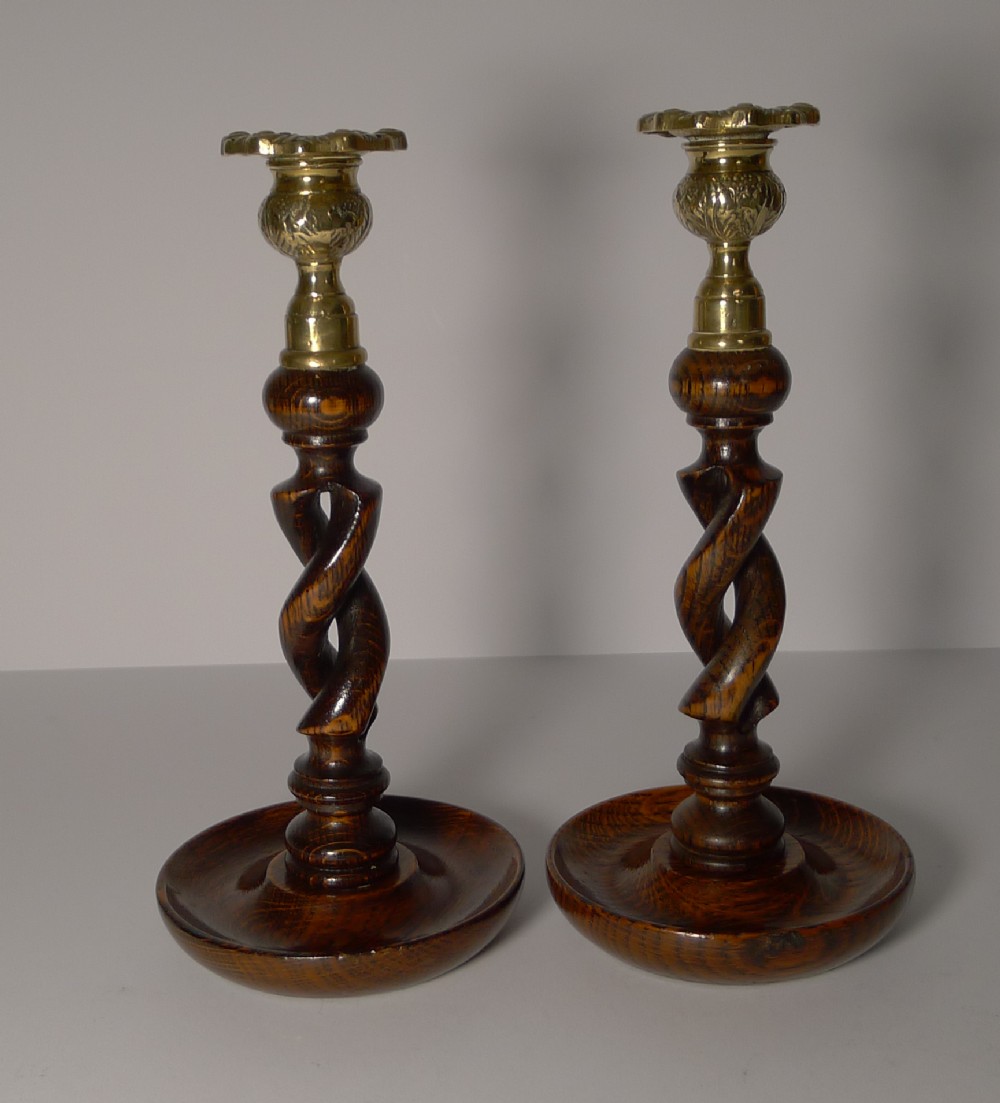 Pair Antique English Brass Open Barley Twist Candlesticks C.1900