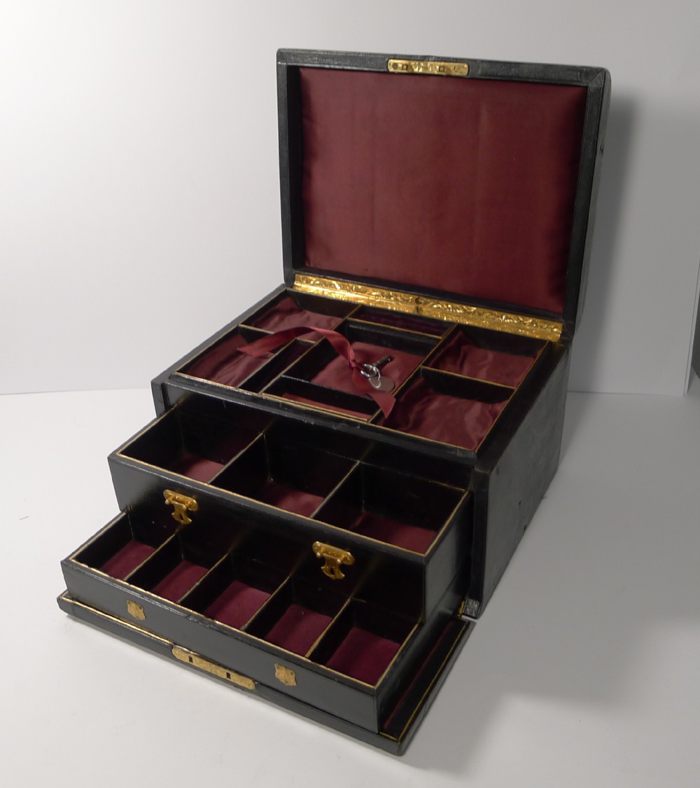 magnificent large antique english leather jewellery box c1870